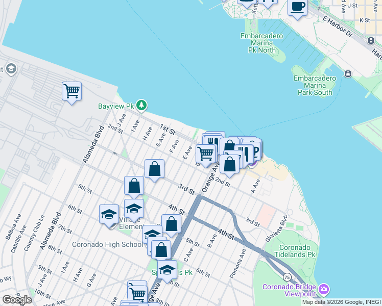 map of restaurants, bars, coffee shops, grocery stores, and more near 135 E Avenue in Coronado