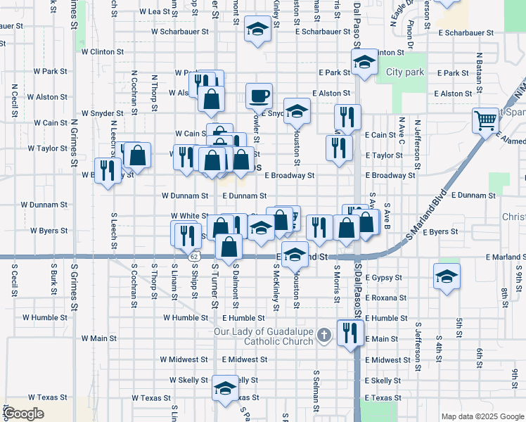 map of restaurants, bars, coffee shops, grocery stores, and more near 300 East White Street in Hobbs