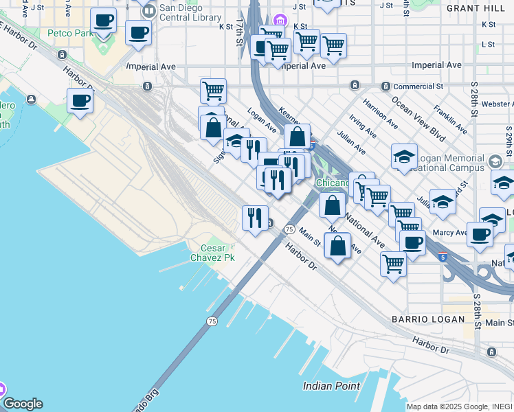 map of restaurants, bars, coffee shops, grocery stores, and more near 31 San Diego – Coronado Bridge in San Diego