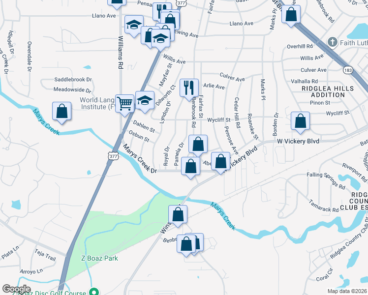 map of restaurants, bars, coffee shops, grocery stores, and more near 5073 Pamela Drive in Fort Worth