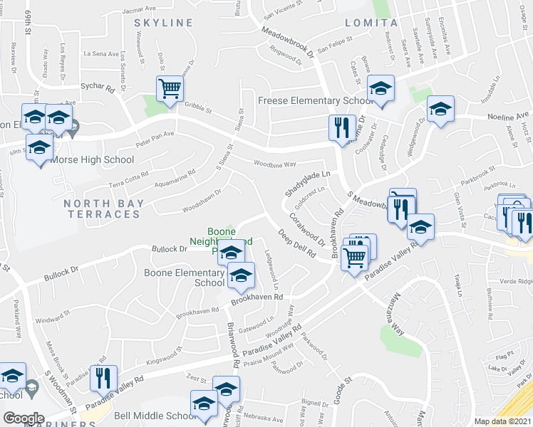 map of restaurants, bars, coffee shops, grocery stores, and more near Bullock Dr & Deep Dell Rd in San Diego