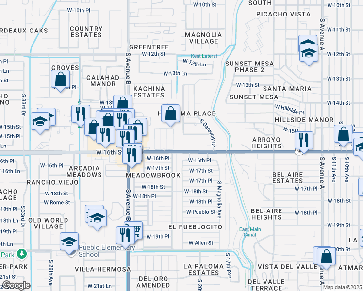 map of restaurants, bars, coffee shops, grocery stores, and more near 2051-2117 W 16th St in Yuma