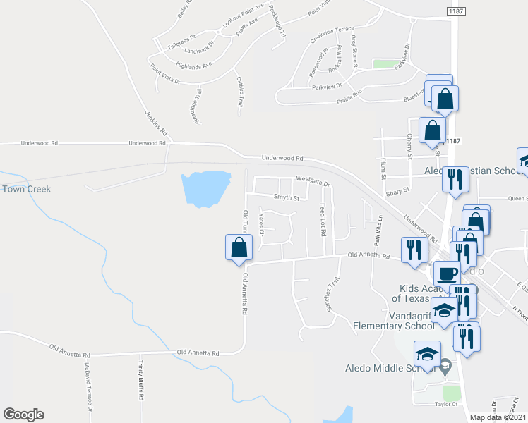 map of restaurants, bars, coffee shops, grocery stores, and more near 164 Yates Circle in Aledo