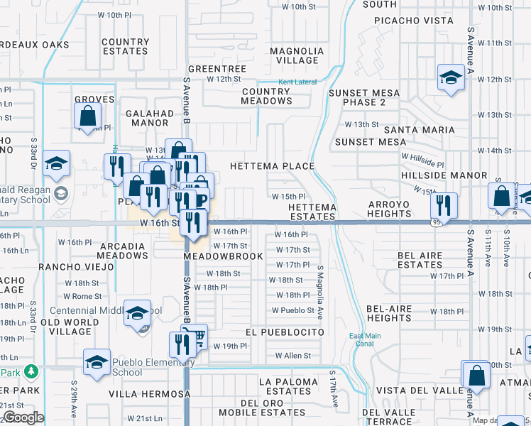 map of restaurants, bars, coffee shops, grocery stores, and more near 2051-2117 W 16th St in Yuma