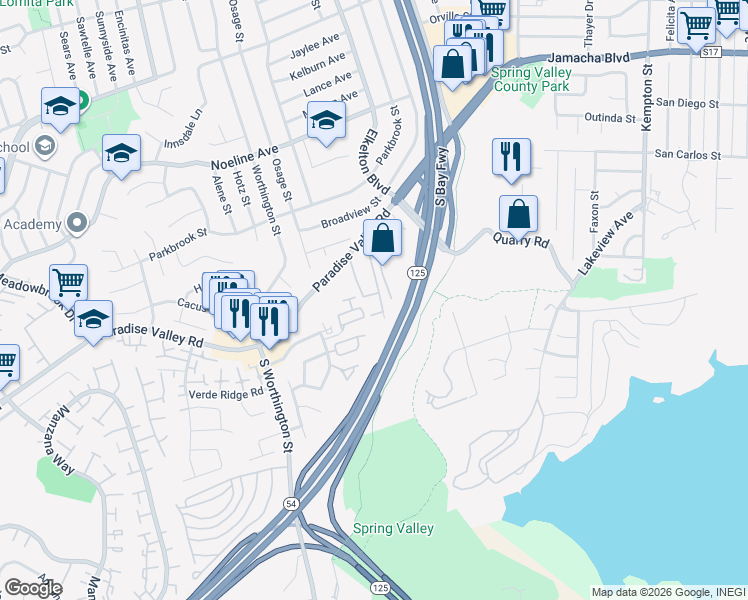 map of restaurants, bars, coffee shops, grocery stores, and more near 8529 Paradise Valley Road in Spring Valley