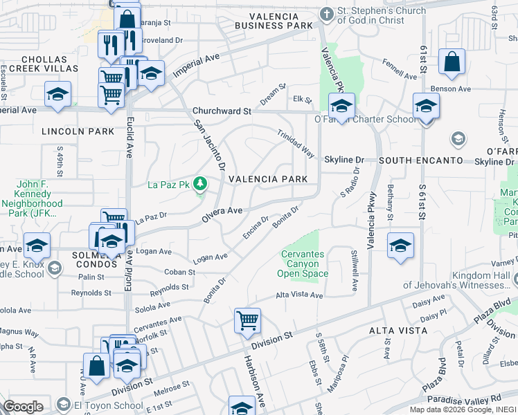 map of restaurants, bars, coffee shops, grocery stores, and more near 5550 Encina Drive in San Diego