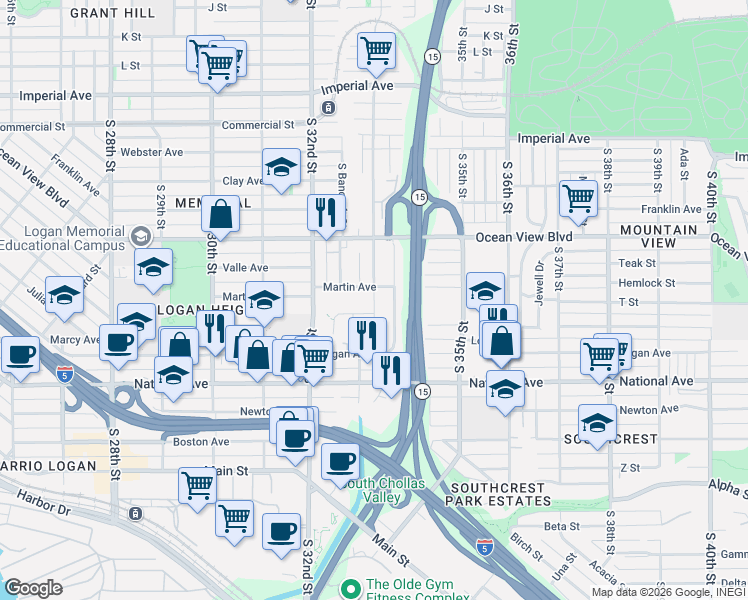 map of restaurants, bars, coffee shops, grocery stores, and more near 3272 Greely Avenue in San Diego