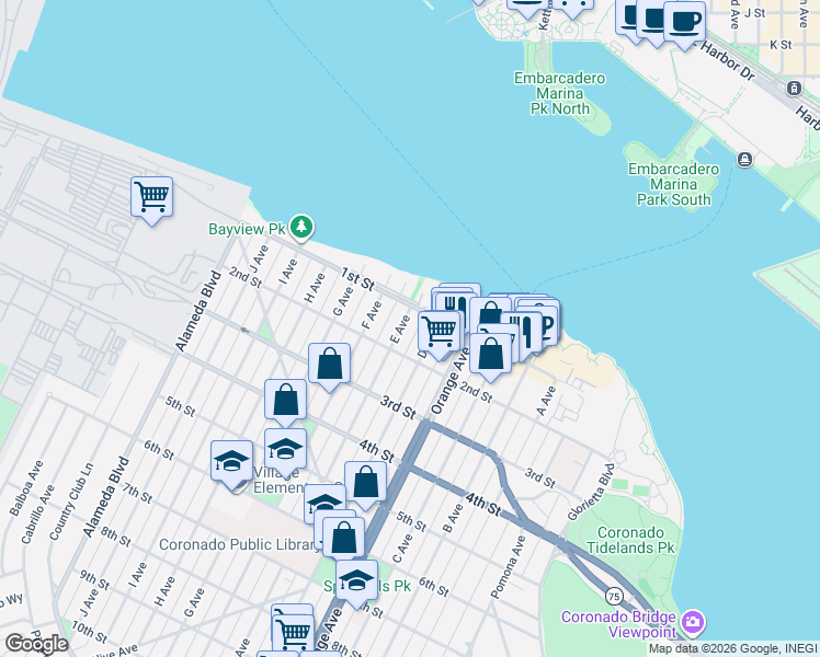 map of restaurants, bars, coffee shops, grocery stores, and more near 143 D Avenue in Coronado
