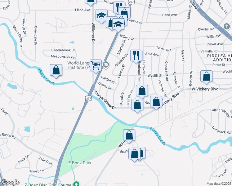 map of restaurants, bars, coffee shops, grocery stores, and more near 5076 Royal Drive in Fort Worth