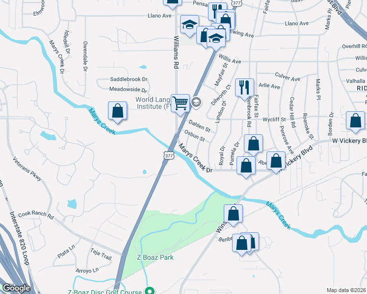 map of restaurants, bars, coffee shops, grocery stores, and more near 7625 Marys Creek Drive in Fort Worth