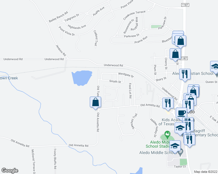 map of restaurants, bars, coffee shops, grocery stores, and more near 134 Yates Circle in Aledo