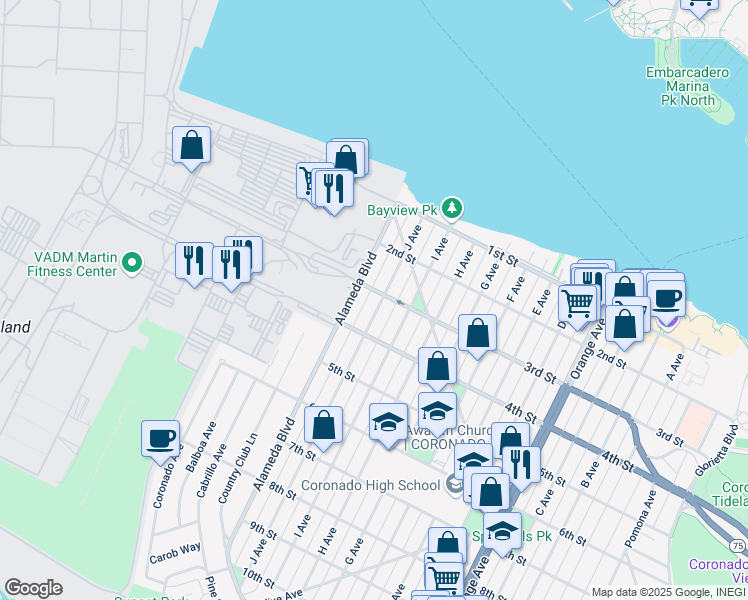 map of restaurants, bars, coffee shops, grocery stores, and more near 310 J Avenue in Coronado