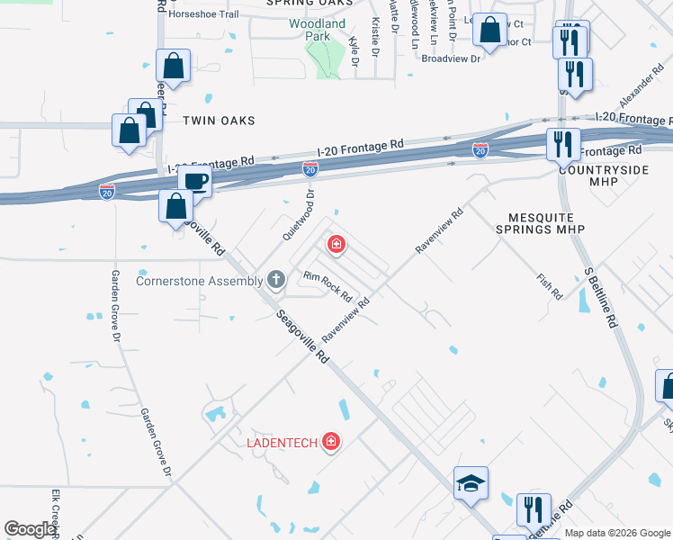 map of restaurants, bars, coffee shops, grocery stores, and more near 12243 Rim Rock Road in Dallas