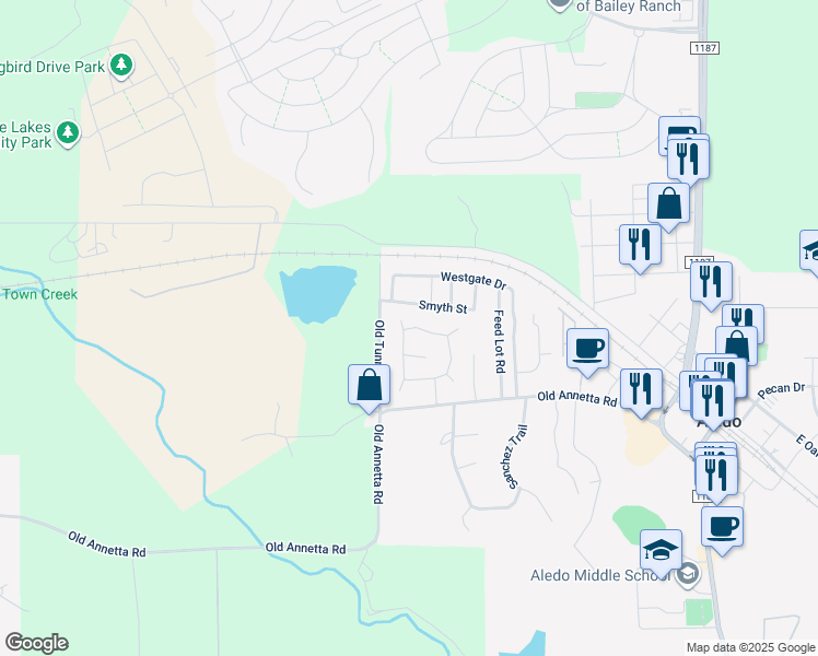 map of restaurants, bars, coffee shops, grocery stores, and more near 157 Yates Circle in Aledo