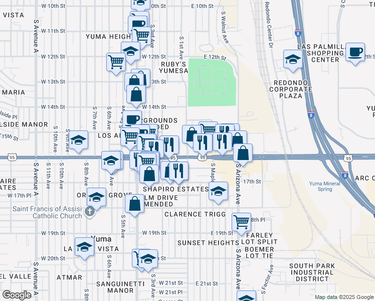 map of restaurants, bars, coffee shops, grocery stores, and more near 1597 South 1st Avenue in Yuma