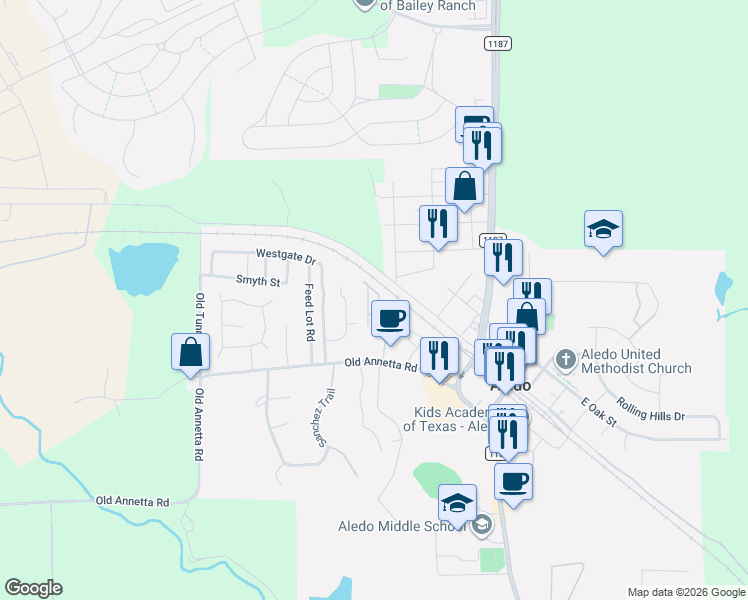 map of restaurants, bars, coffee shops, grocery stores, and more near 300 Post View Drive in Aledo