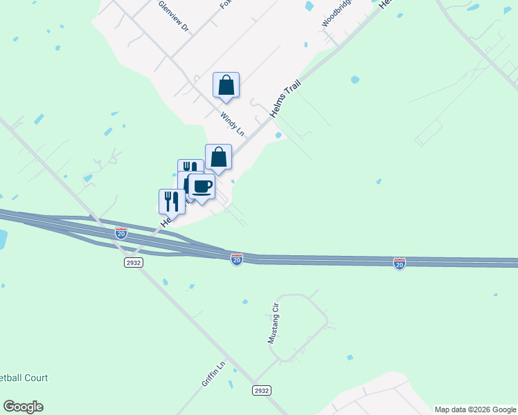 map of restaurants, bars, coffee shops, grocery stores, and more near 9600 Helms Trail in Forney