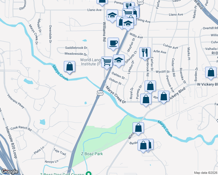 map of restaurants, bars, coffee shops, grocery stores, and more near 7625 Marys Creek Drive in Fort Worth