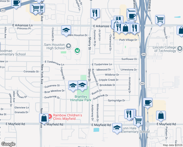 map of restaurants, bars, coffee shops, grocery stores, and more near 2300 Wildbriar Drive in Arlington