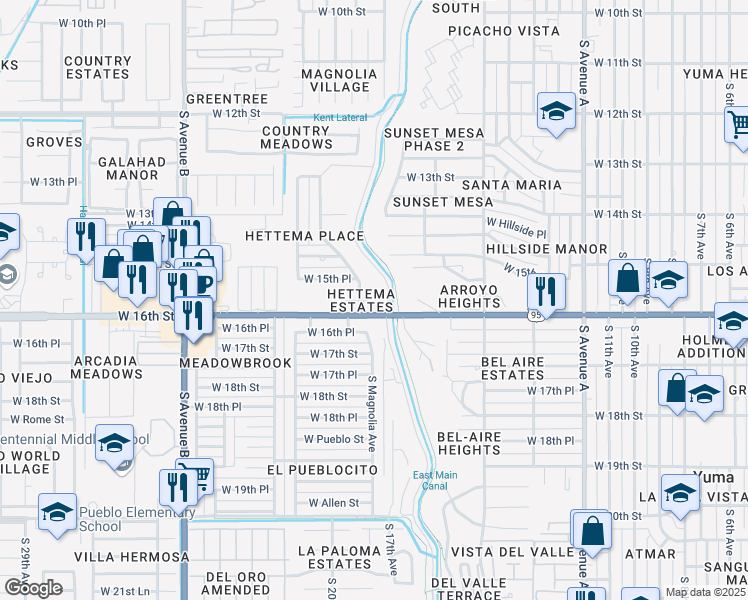 map of restaurants, bars, coffee shops, grocery stores, and more near 1863 West 15th Lane in Yuma
