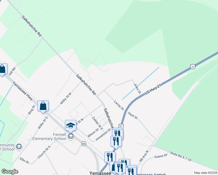 map of restaurants, bars, coffee shops, grocery stores, and more near 38 Lacey Street in Yemassee