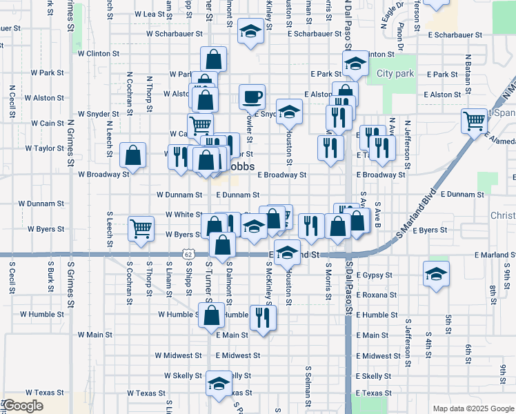 map of restaurants, bars, coffee shops, grocery stores, and more near 306 South McKinley Street in Hobbs
