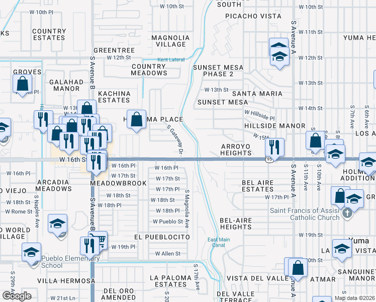 map of restaurants, bars, coffee shops, grocery stores, and more near 1863 West 15th Lane in Yuma