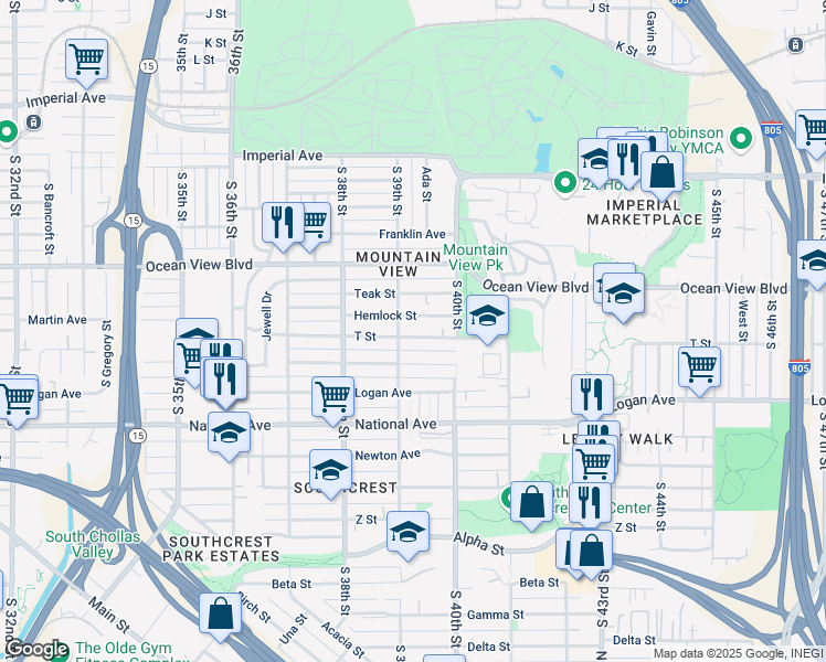 map of restaurants, bars, coffee shops, grocery stores, and more near 3943 T Street in San Diego
