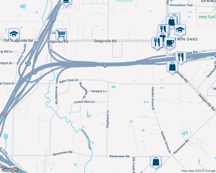 map of restaurants, bars, coffee shops, grocery stores, and more near 13042 Verdant Lane in Balch Springs