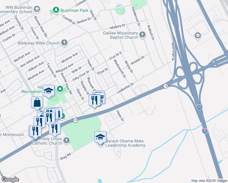 map of restaurants, bars, coffee shops, grocery stores, and more near 3212 Ledbetter Drive in Dallas