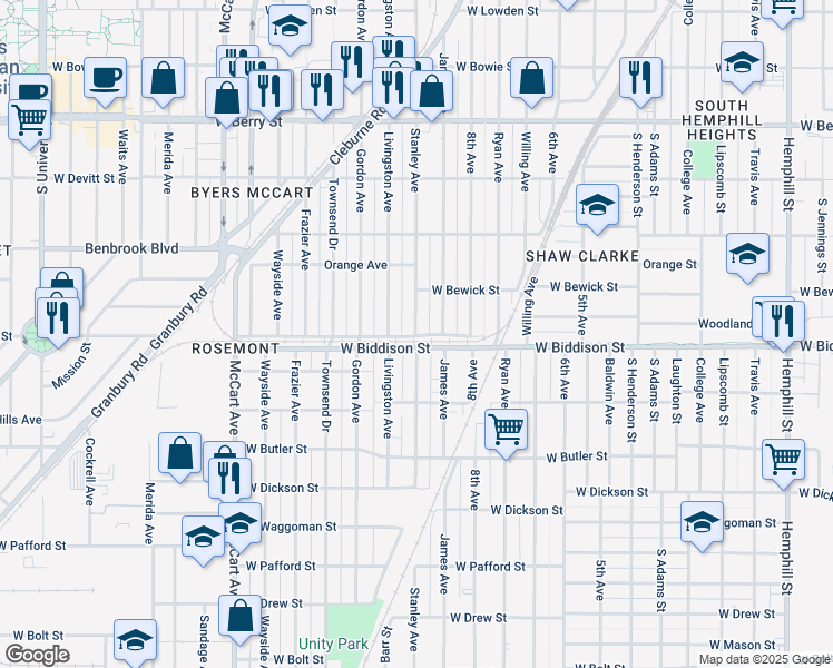 map of restaurants, bars, coffee shops, grocery stores, and more near 3509 Stanley Avenue in Fort Worth