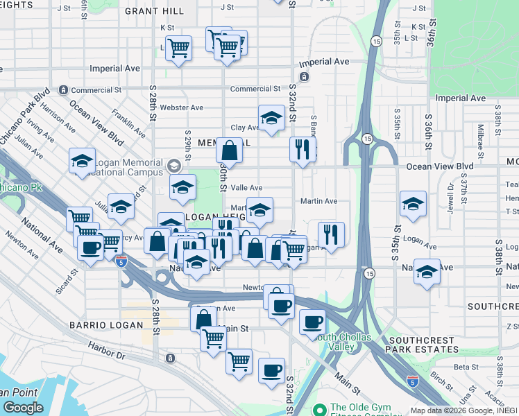 map of restaurants, bars, coffee shops, grocery stores, and more near South 31st Street & Martin Avenue in San Diego