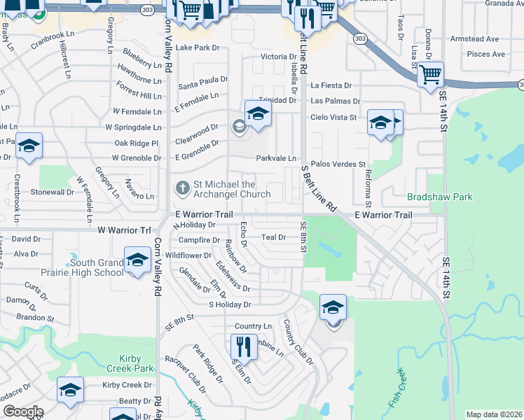 map of restaurants, bars, coffee shops, grocery stores, and more near 720 East Warrior Trail in Grand Prairie