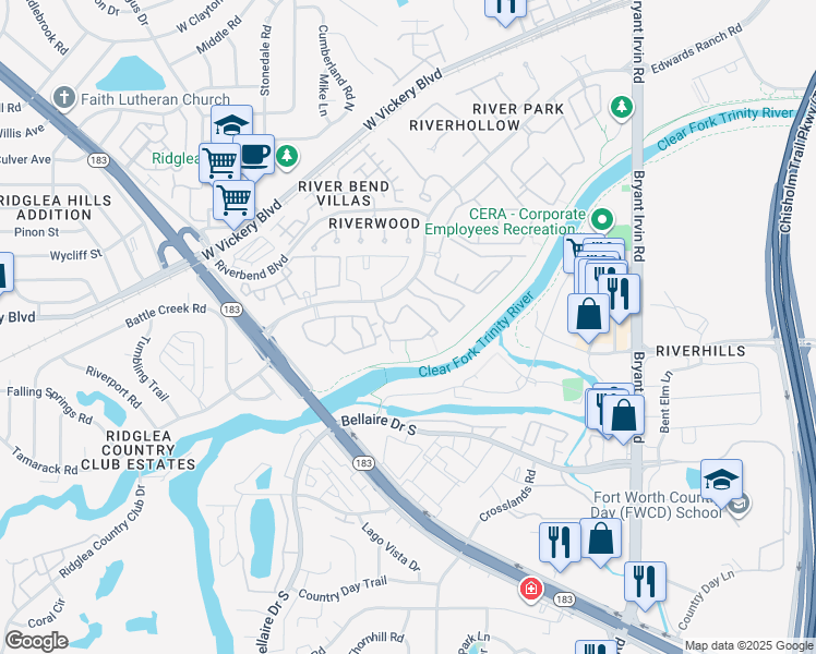 map of restaurants, bars, coffee shops, grocery stores, and more near 3301 River Park Drive in Fort Worth