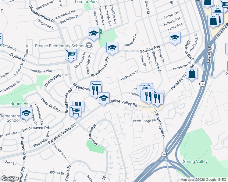 map of restaurants, bars, coffee shops, grocery stores, and more near 8139 Cacus Street in Spring Valley