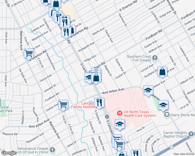 map of restaurants, bars, coffee shops, grocery stores, and more near 4214 South Lancaster Road in Dallas