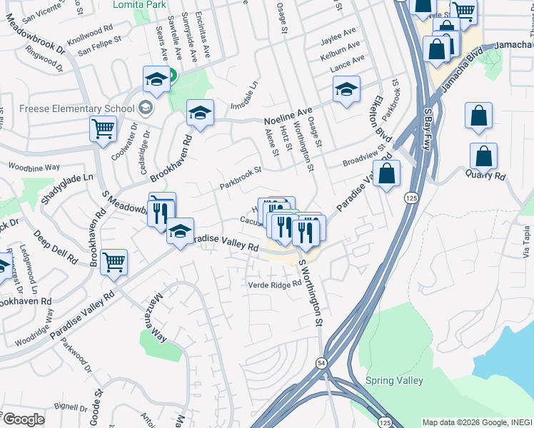 map of restaurants, bars, coffee shops, grocery stores, and more near 8359 Holt Street in Spring Valley