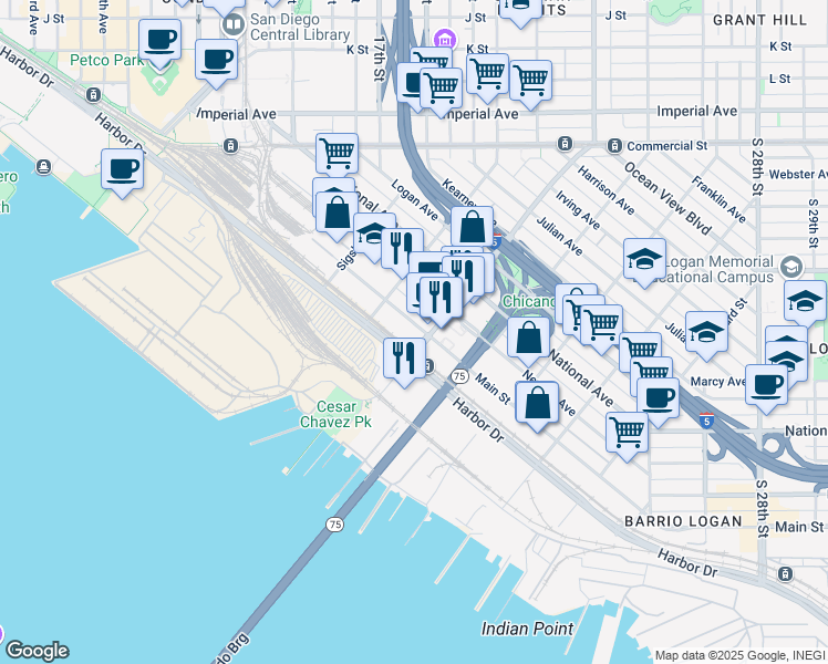 map of restaurants, bars, coffee shops, grocery stores, and more near 31 San Diego – Coronado Bridge in San Diego