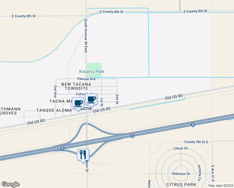 map of restaurants, bars, coffee shops, grocery stores, and more near 2nd Street in Tacna