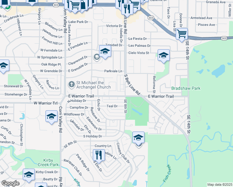 map of restaurants, bars, coffee shops, grocery stores, and more near 728 Rachel Street in Grand Prairie