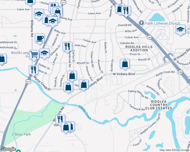 map of restaurants, bars, coffee shops, grocery stores, and more near 7341 West Vickery Boulevard in Benbrook