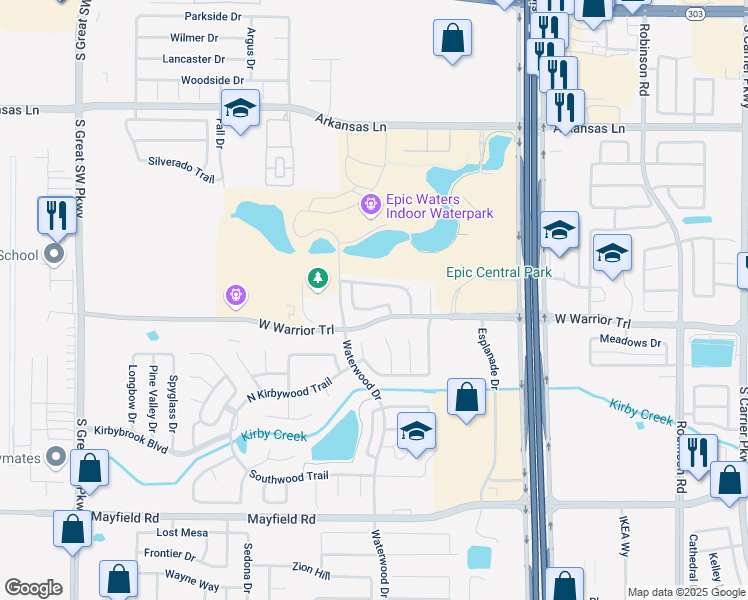 map of restaurants, bars, coffee shops, grocery stores, and more near 1943 Winding Ridge Trail in Grand Prairie