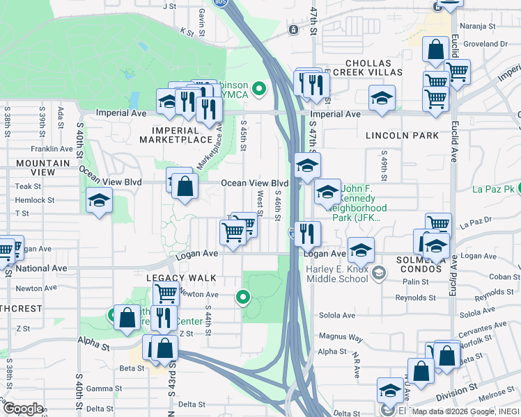 map of restaurants, bars, coffee shops, grocery stores, and more near 4531 T Street in San Diego