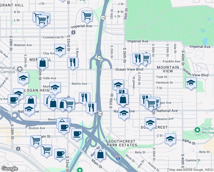 map of restaurants, bars, coffee shops, grocery stores, and more near in San Diego