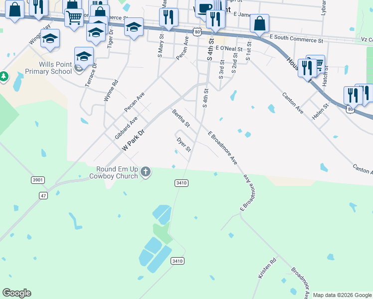 map of restaurants, bars, coffee shops, grocery stores, and more near 1116 South 4th Street in Wills Point