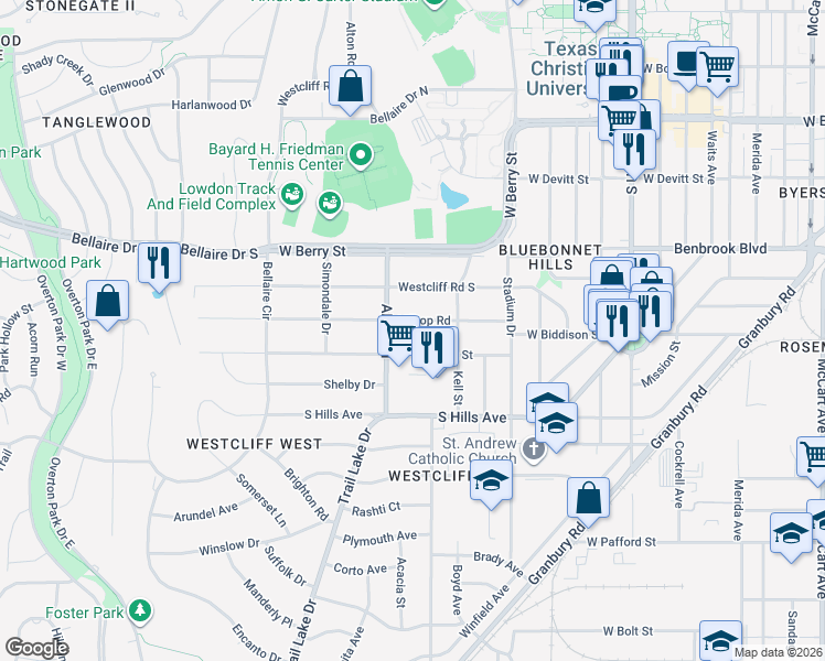map of restaurants, bars, coffee shops, grocery stores, and more near 3536 West Biddison Street in Fort Worth