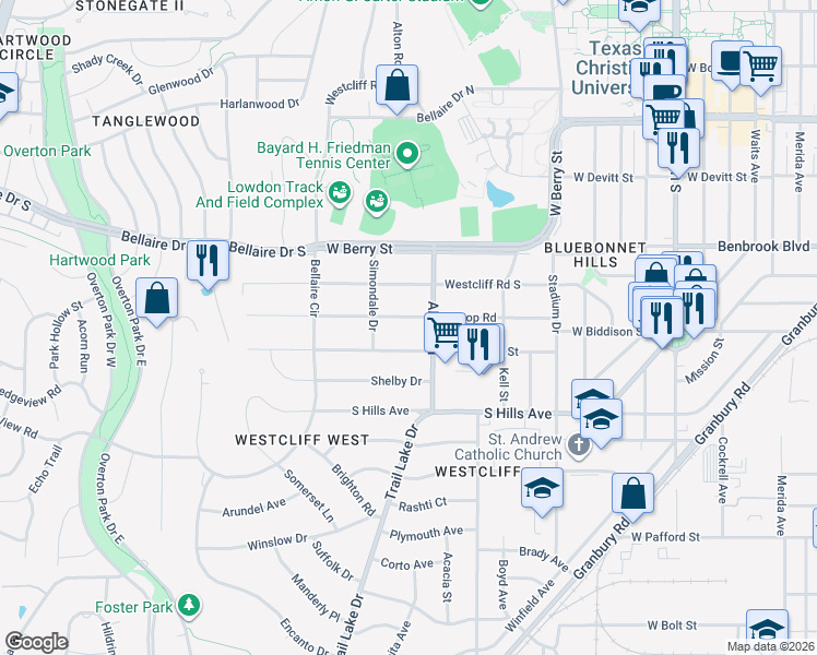 map of restaurants, bars, coffee shops, grocery stores, and more near 3620 West Biddison Street in Fort Worth