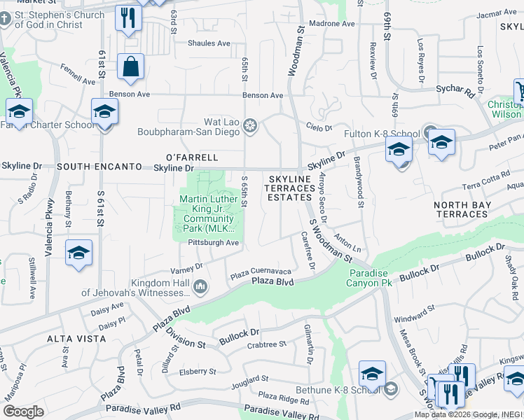 map of restaurants, bars, coffee shops, grocery stores, and more near 660 South 66th Street in San Diego