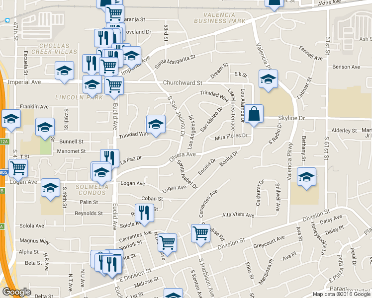 map of restaurants, bars, coffee shops, grocery stores, and more near 5411 Olvera Avenue in San Diego
