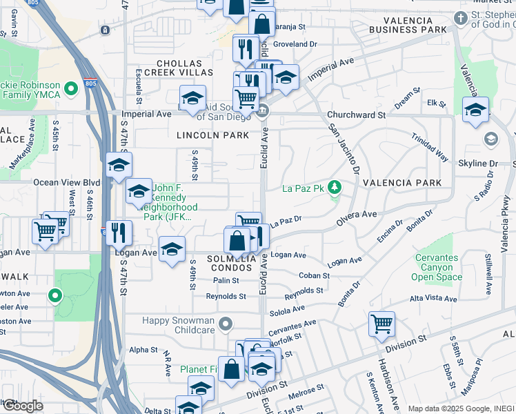 map of restaurants, bars, coffee shops, grocery stores, and more near 5082 La Paz Drive in San Diego